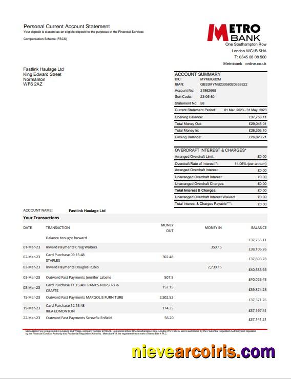 United Kingdom Metro bank statement Excel and PDF, 4 pages